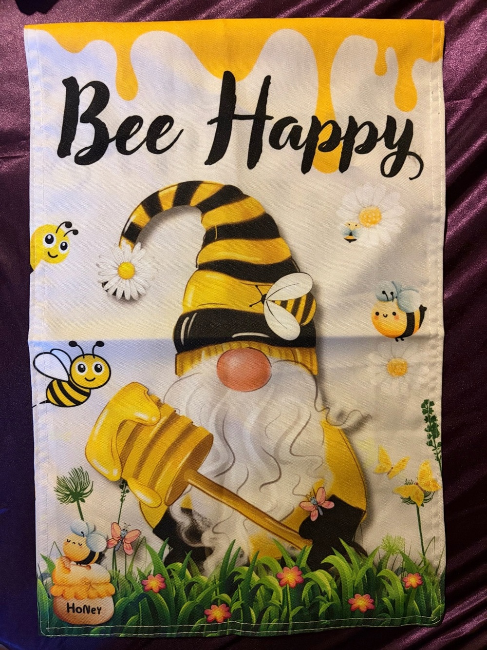 Bee Happy Gnome, Honey Bees Decorative Flag - Yellow & Black